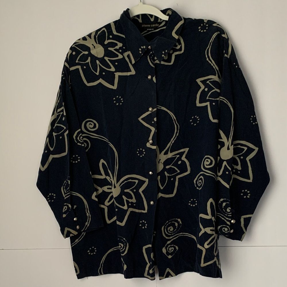 Pierre Cardin Silk Navy and Gray Floral Print Women’s Blouse Size XL